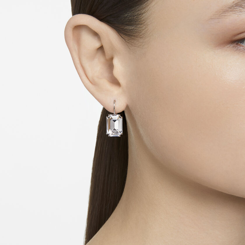 Millenia earrings, Octagon cut crystal, Gray, Rhodium plated