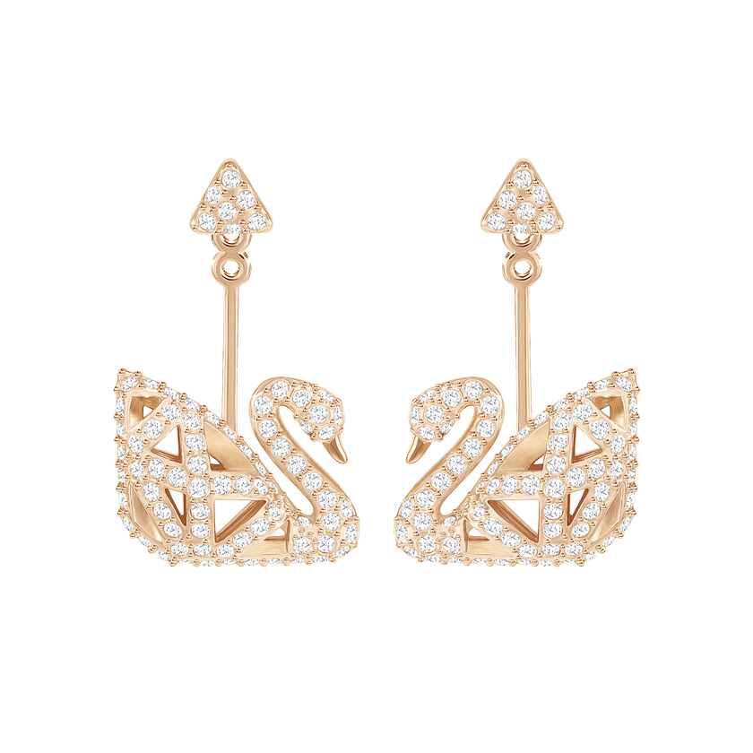 Facet Swan Pierced Earrings, White, Rose Gold Plating