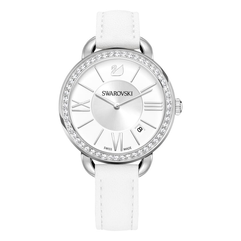 Aila Day Watch, Leather strap, White, Silver Tone
