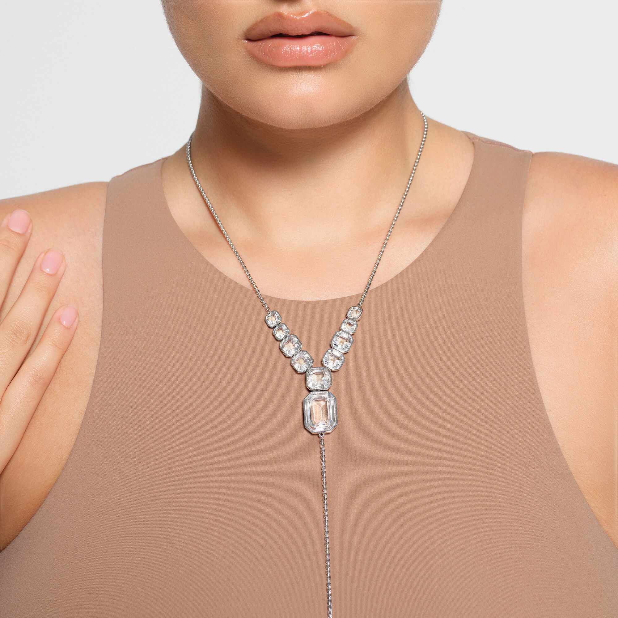 swarovski x skims body chain  mixed cuts  box chain  y shape  white  stainless steel