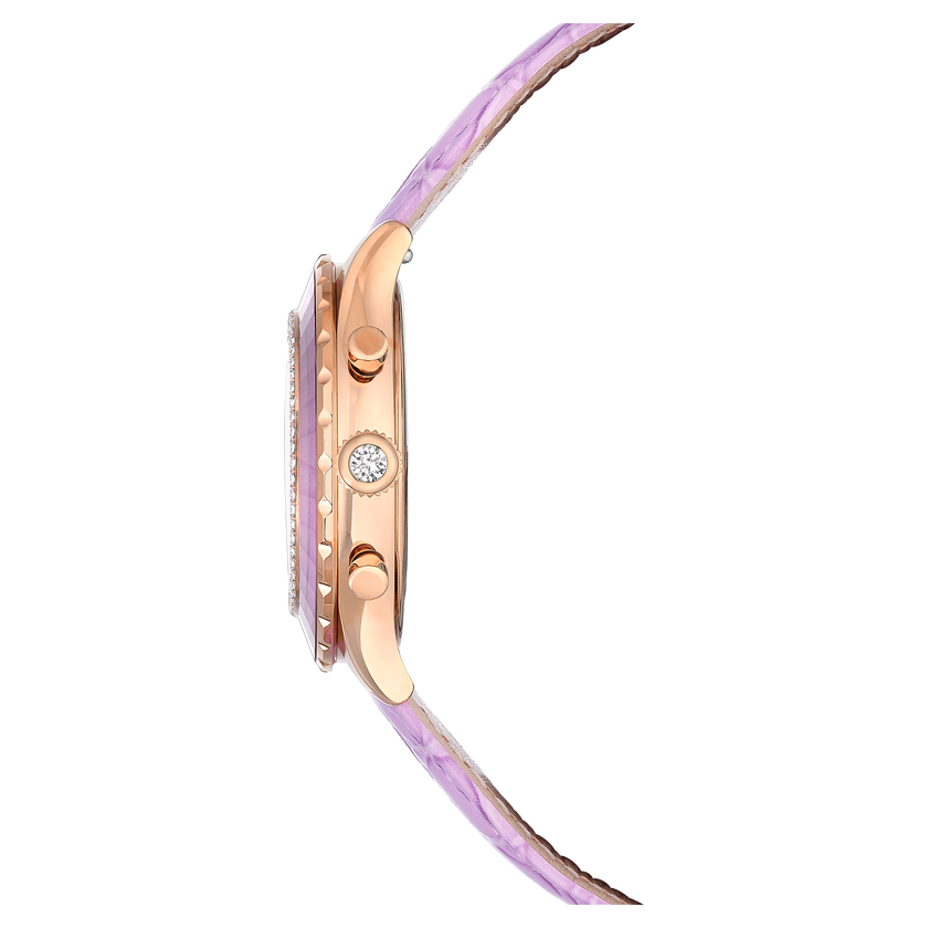 swarovski octea chrono watch  swiss made  leather strap  purple  rose gold tone finish