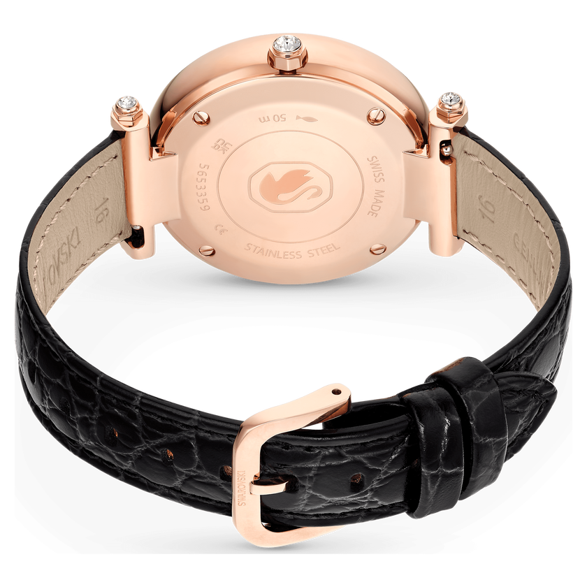 swarovski crystalline wonder watch  swiss made  leather strap  black  rose gold tone finish