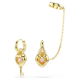 swarovski idyllia drop earrings with ear cuff  mixed cuts  heart with key  pink  gold tone plated