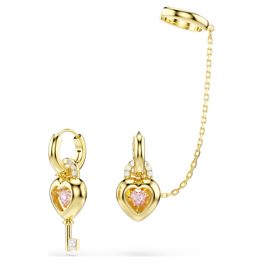 swarovski idyllia drop earrings with ear cuff  mixed cuts  heart with key  pink  gold tone plated