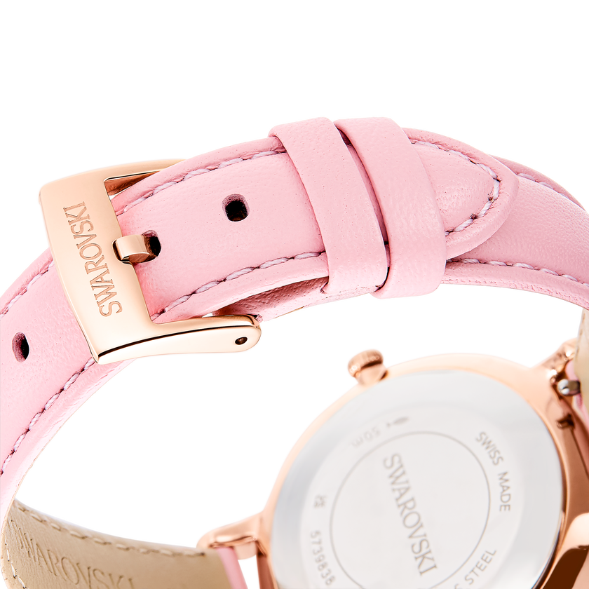 swarovski teddy watch  swiss made  leather strap  pink  rose gold tone finish
