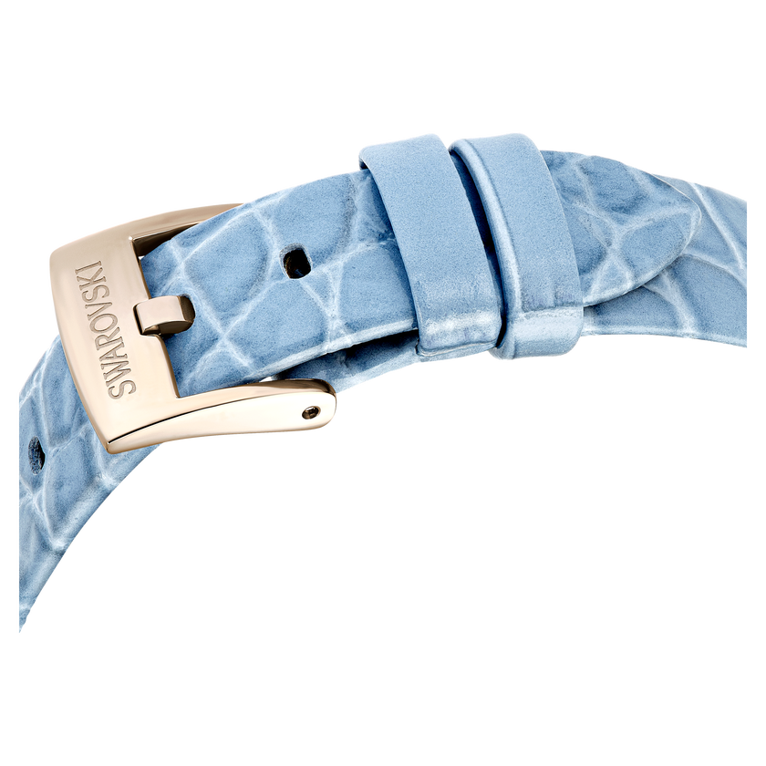 swarovski imber oval watch  swiss made  leather strap  blue  champagne gold tone finish