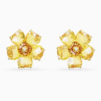 Florere stud earrings, Flower, Yellow, Gold-tone plated