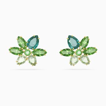 Gema stud earrings, Mixed cuts, Flower, Green, Gold-tone plated