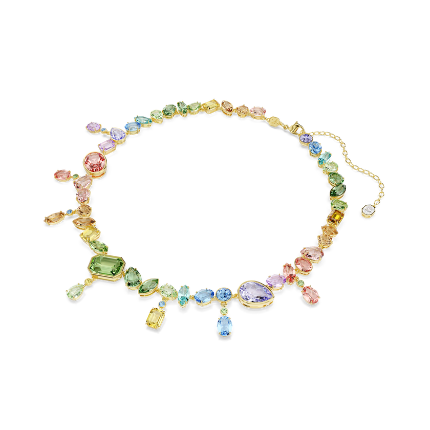 swarovski gema necklace  mixed cuts  dangling crystals  multicolored  gold tone plated