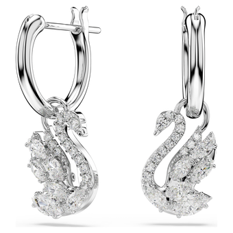swarovski swan drop earrings  mixed cuts  swan  white  rhodium plated