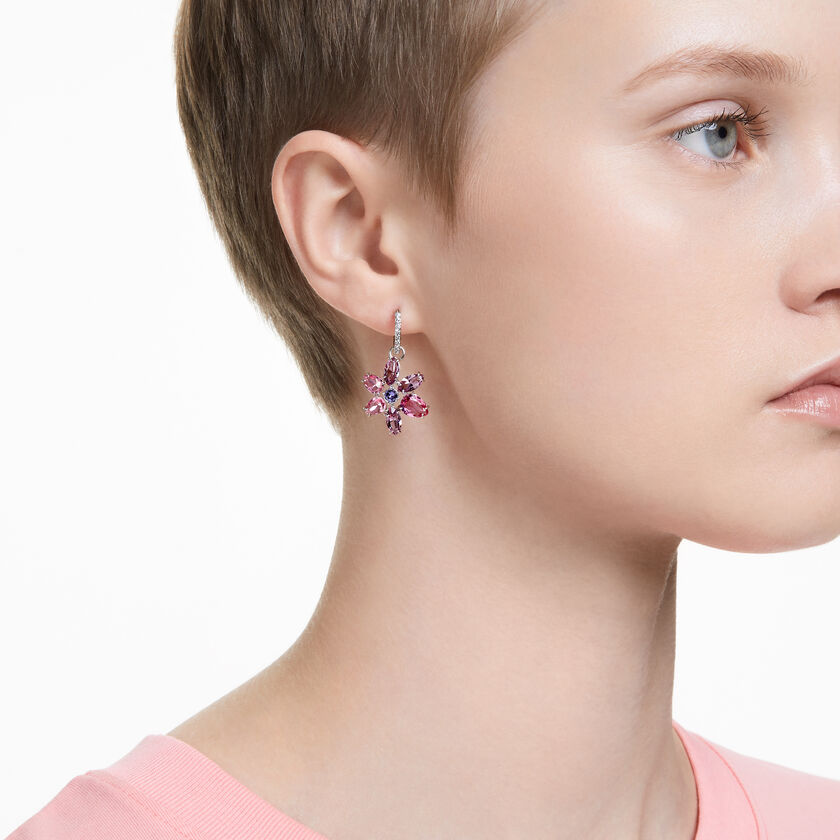 Gema drop earrings, Mixed cuts, Flower, Pink, Rhodium plated