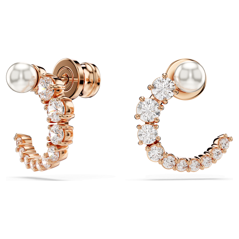 swarovski matrix hoop earrings  crystal pearl  round cut  white  rose gold tone plated
