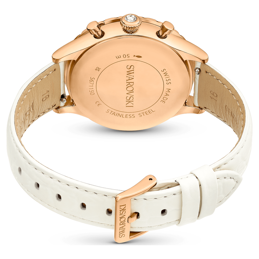 swarovski octea chrono watch  swiss made  leather strap  white  rose gold tone finish
