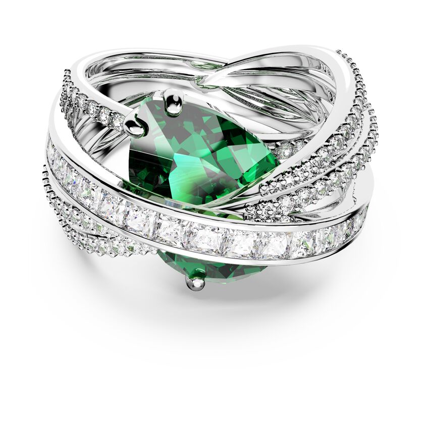 Hyperbola cocktail ring, Carbon neutral zirconia, Mixed cuts, Four bands, Green, Rhodium plated