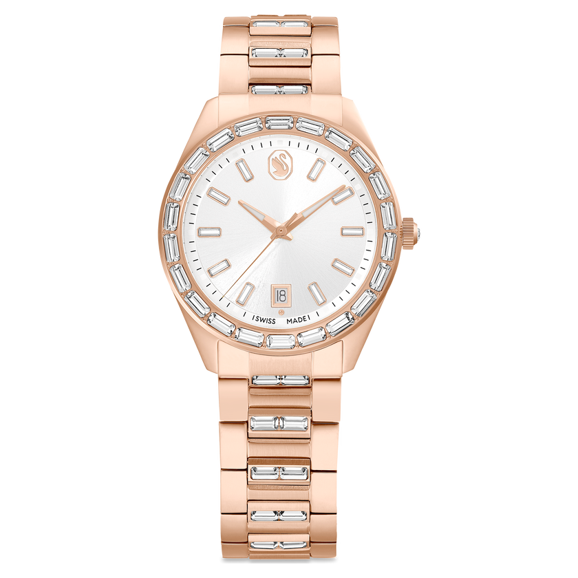 swarovski matrix date watch  swiss made  metal bracelet  rose gold tone  rose gold tone finish