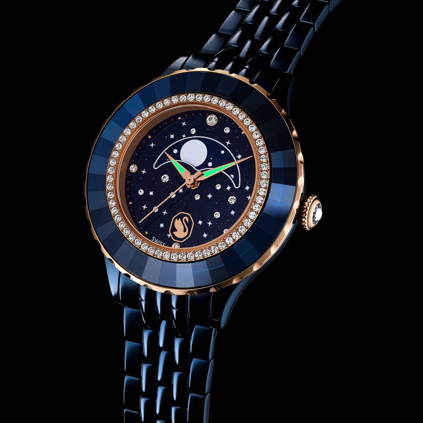 swarovski octea moon watch  swiss made  metal bracelet  blue  blue finish