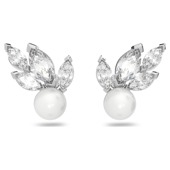 swarovski louison pearl stud earrings  leaf  white  rhodium plated