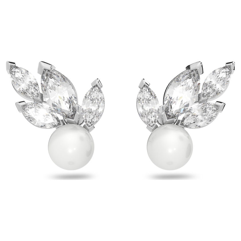 swarovski louison pearl stud earrings  leaf  white  rhodium plated