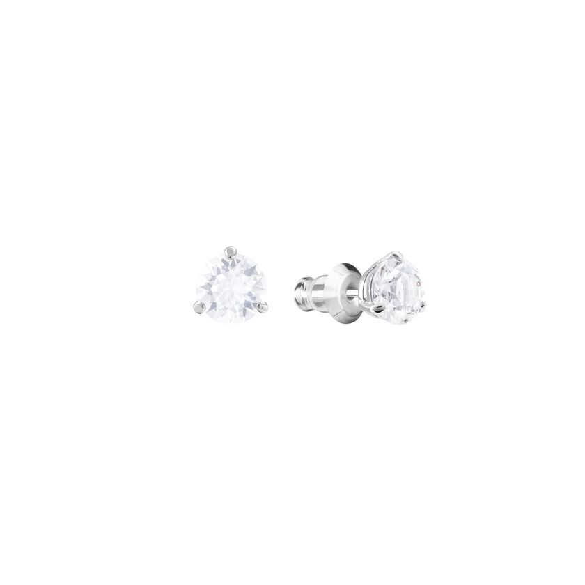 Solitaire Pierced Earrings, White, Rhodium Plated