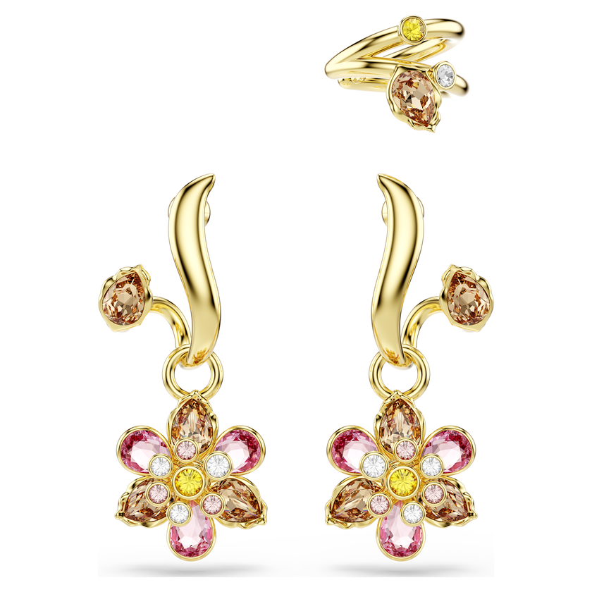 swarovski idyllia earrings  set  3   mixed cuts  flower  multicolored  gold tone plated