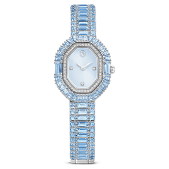 swarovski matrix octagon watch  baguette cut  metal bracelet  blue  stainless steel