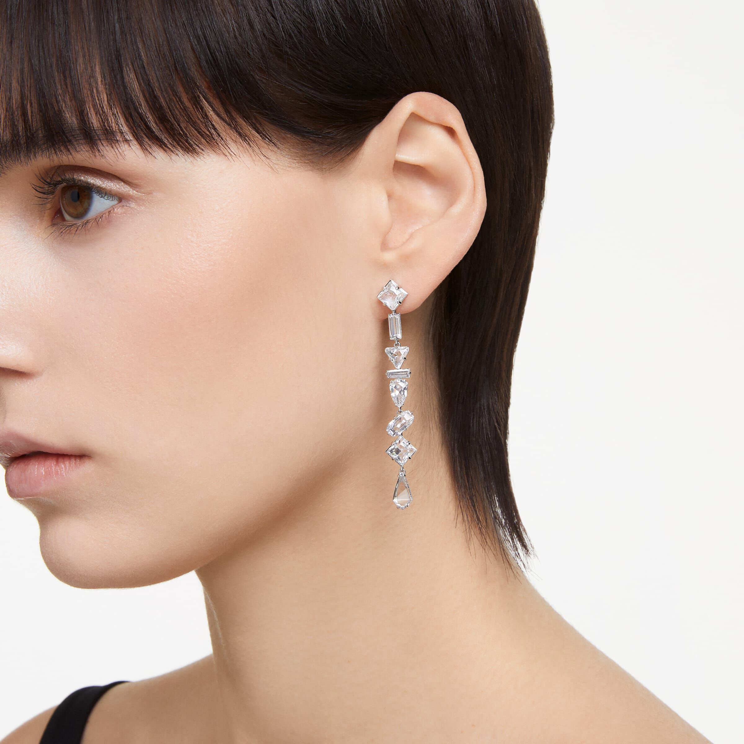 swarovski mesmera drop earrings  mixed cuts  long  white  rhodium plated