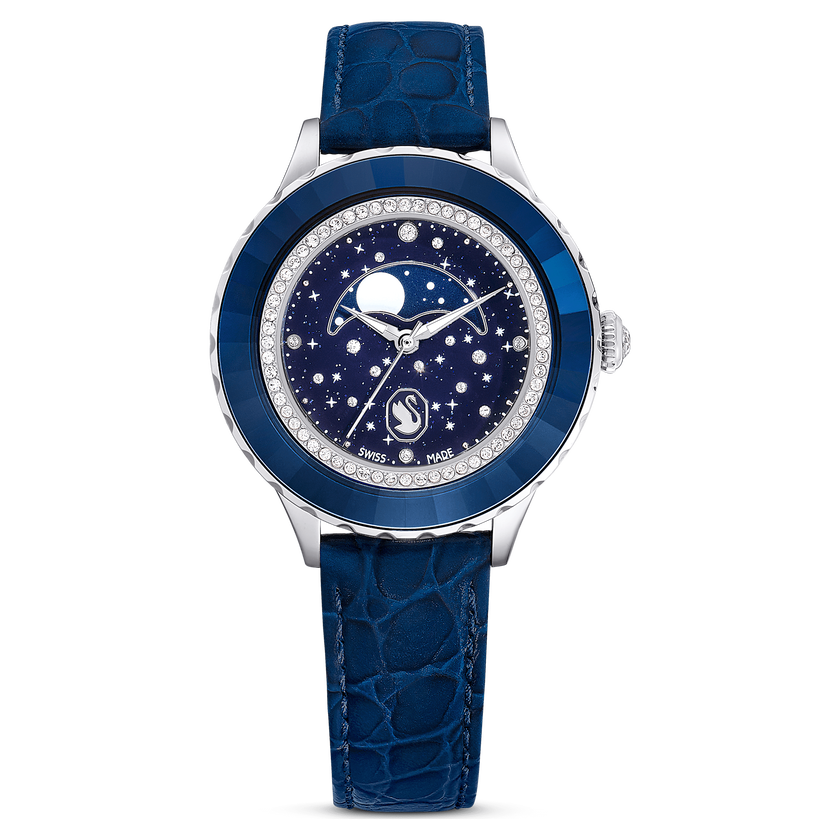 swarovski octea moon watch  swiss made  moon  leather strap  blue  stainless steel