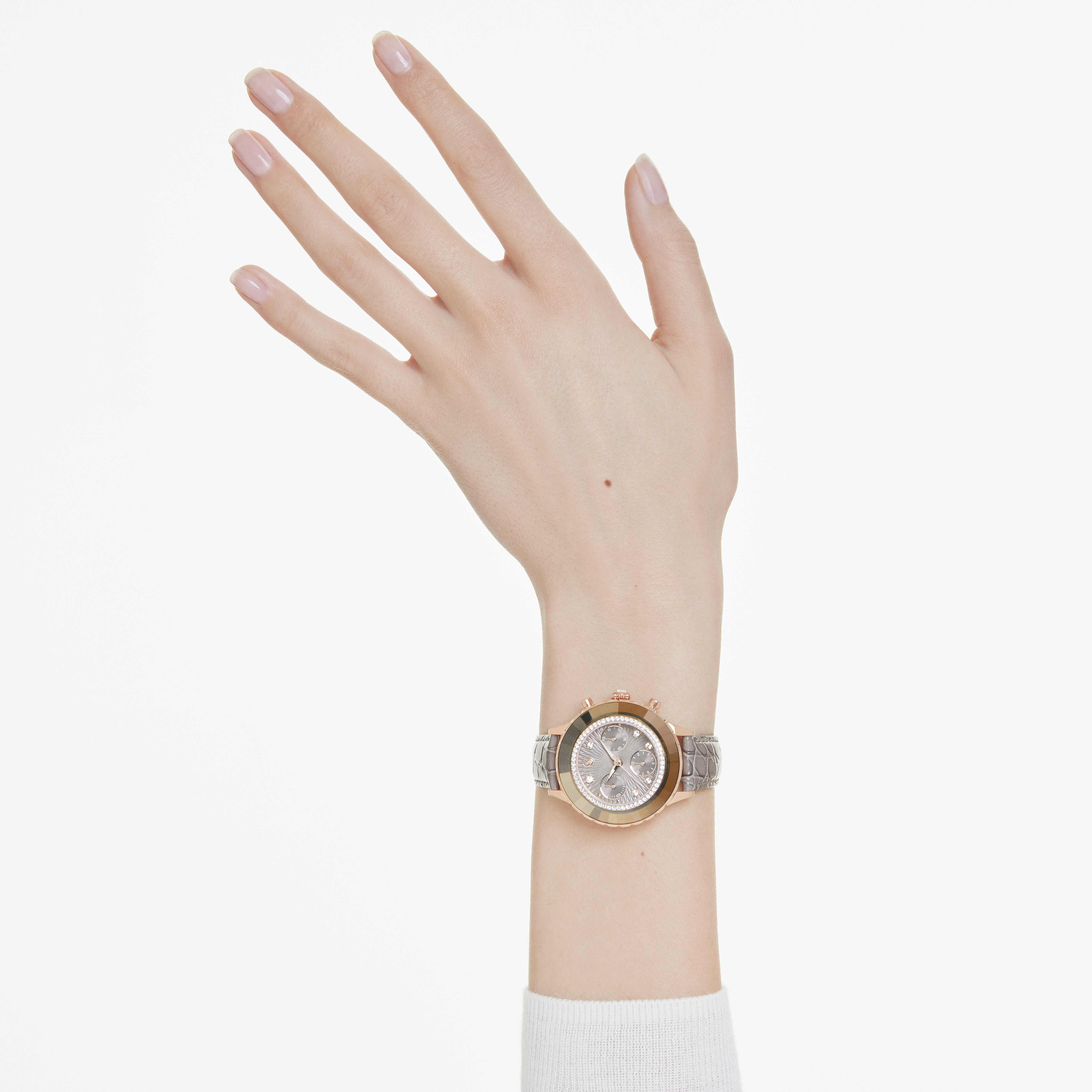 swarovski octea chrono watch  swiss made  leather strap  gray  rose gold tone finish