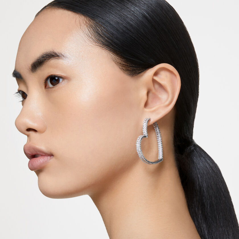 Matrix hoop earrings, Heart, Large, White, Rhodium plated