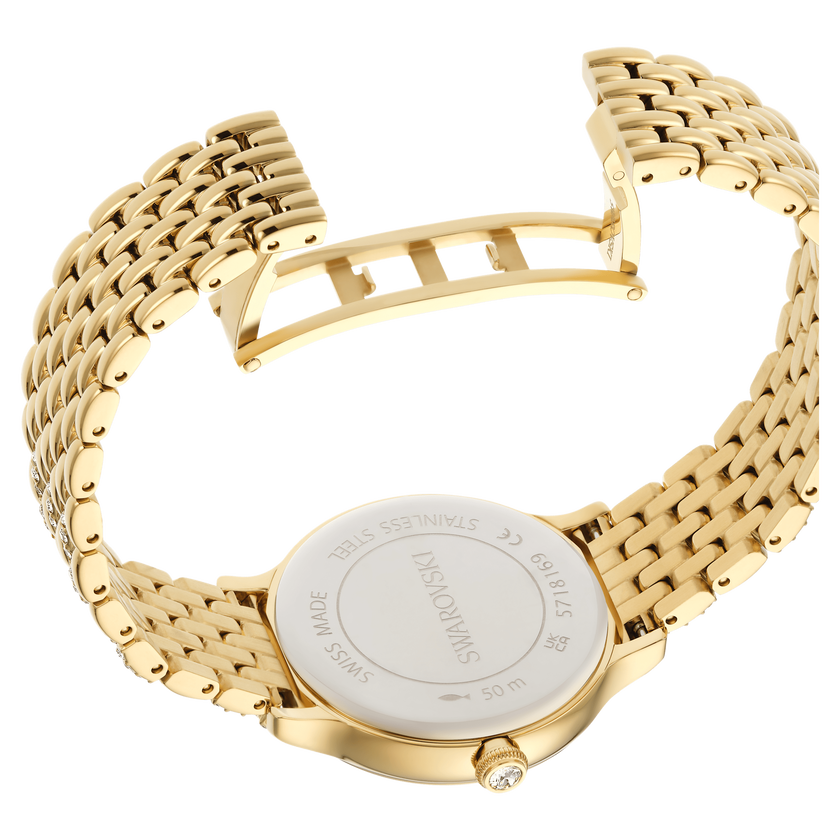 swarovski imber watch  swiss made  metal bracelet  gold tone  gold tone finish