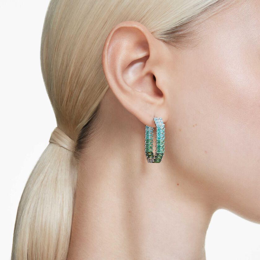 swarovski matrix hoop earrings  baguette cut  green  rhodium plated
