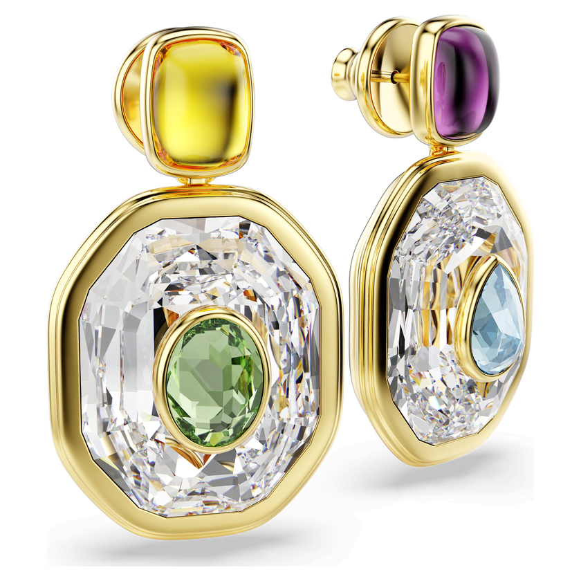 swarovski chroma drop earrings  asymmetrical design  octagon cut  multicolored  gold tone plated