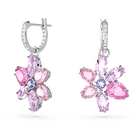 Gema drop earrings, Mixed cuts, Flower, Pink, Rhodium plated
