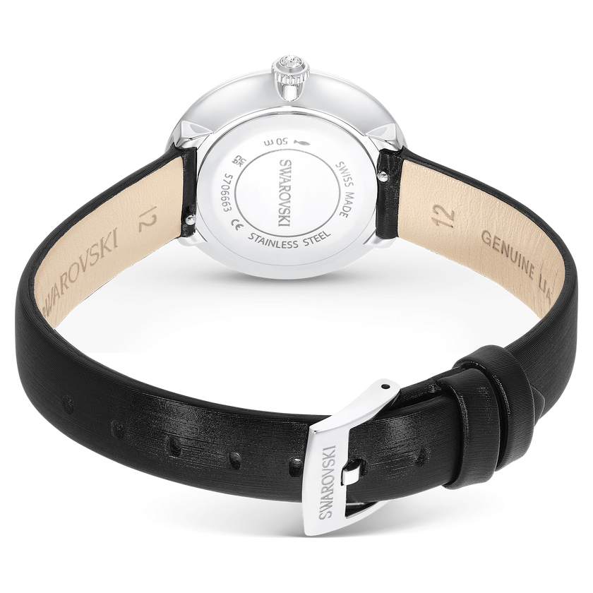 swarovski matrix tennis watch  swiss made  leather strap  black  stainless steel