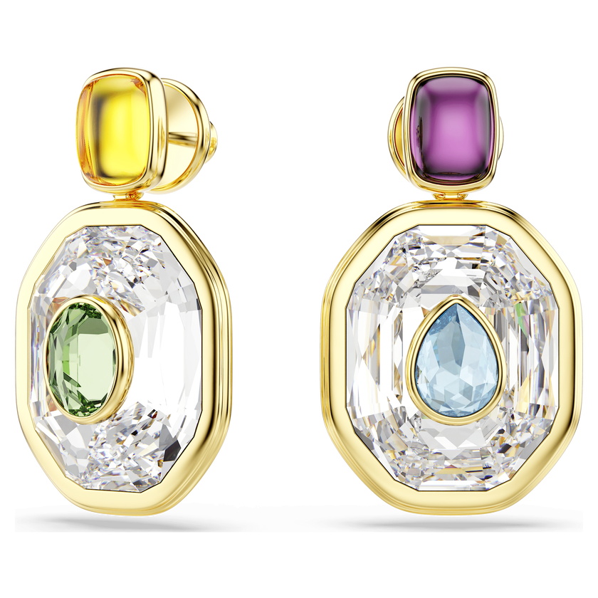 swarovski chroma drop earrings  asymmetrical design  octagon cut  multicolored  gold tone plated