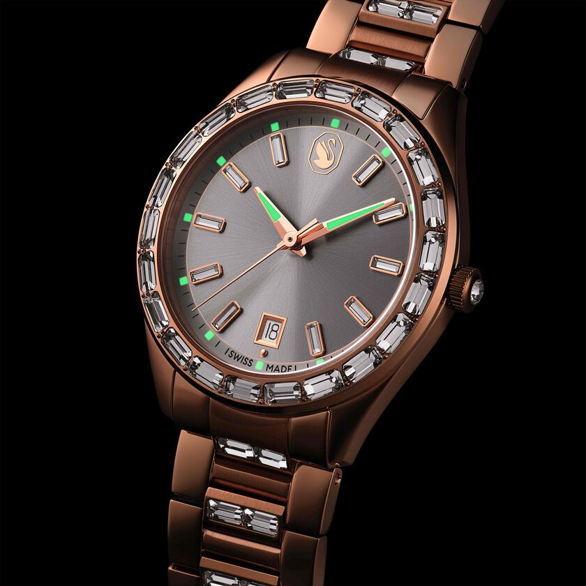 swarovski matrix date watch  swiss made  metal bracelet  rose gold tone  rose gold tone finish