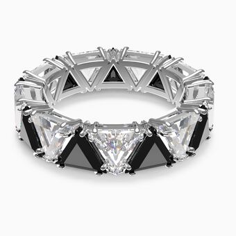Millenia cocktail ring, Triangle cut crystals, Black, Rhodium plated