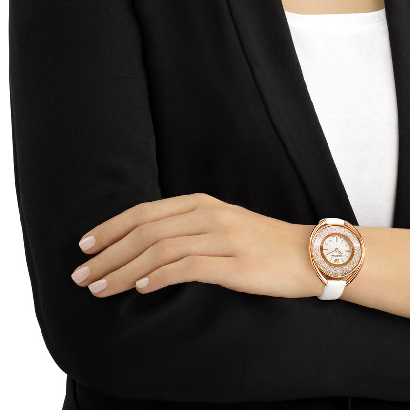 Crystalline  Oval Watch, White, Rose Gold Tone