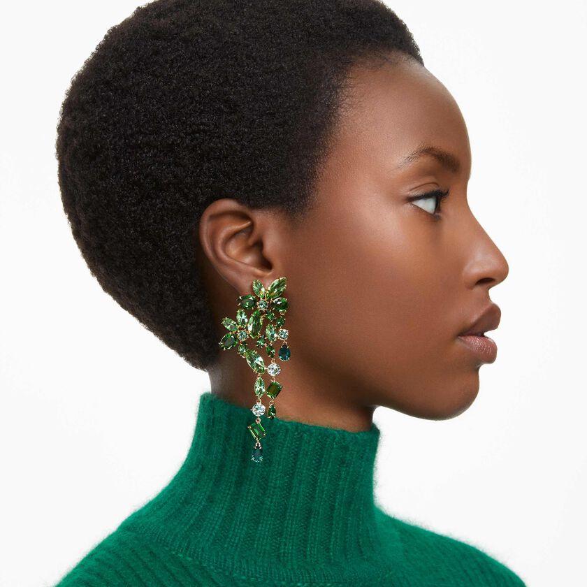 swarovski gema drop earrings  mixed cuts  green  gold tone plated