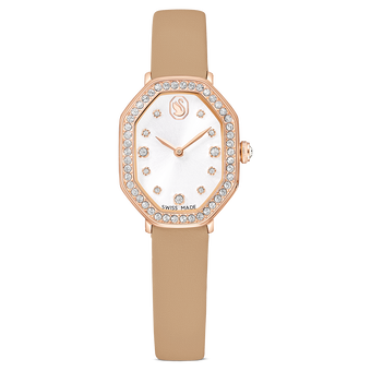 swarovski dextera octagon watch  swiss made  leather strap  brown  rose gold tone finish