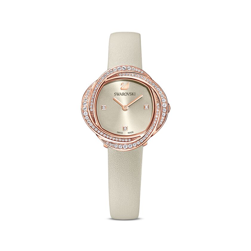 Crystal Flower Watch, Leather strap, Grey, Rose-gold tone PVD
