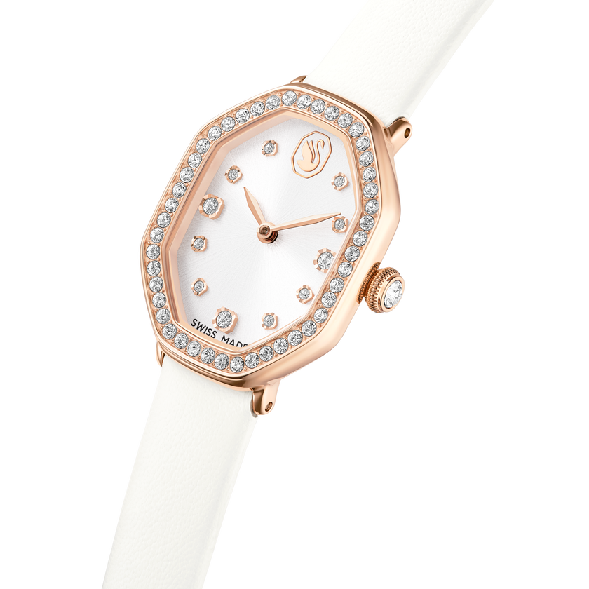 swarovski dextera octagon watch  swiss made  leather strap  white  rose gold tone finish
