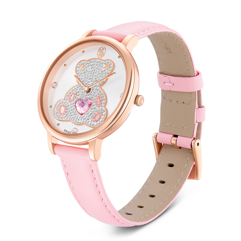 swarovski teddy watch  swiss made  leather strap  pink  rose gold tone finish