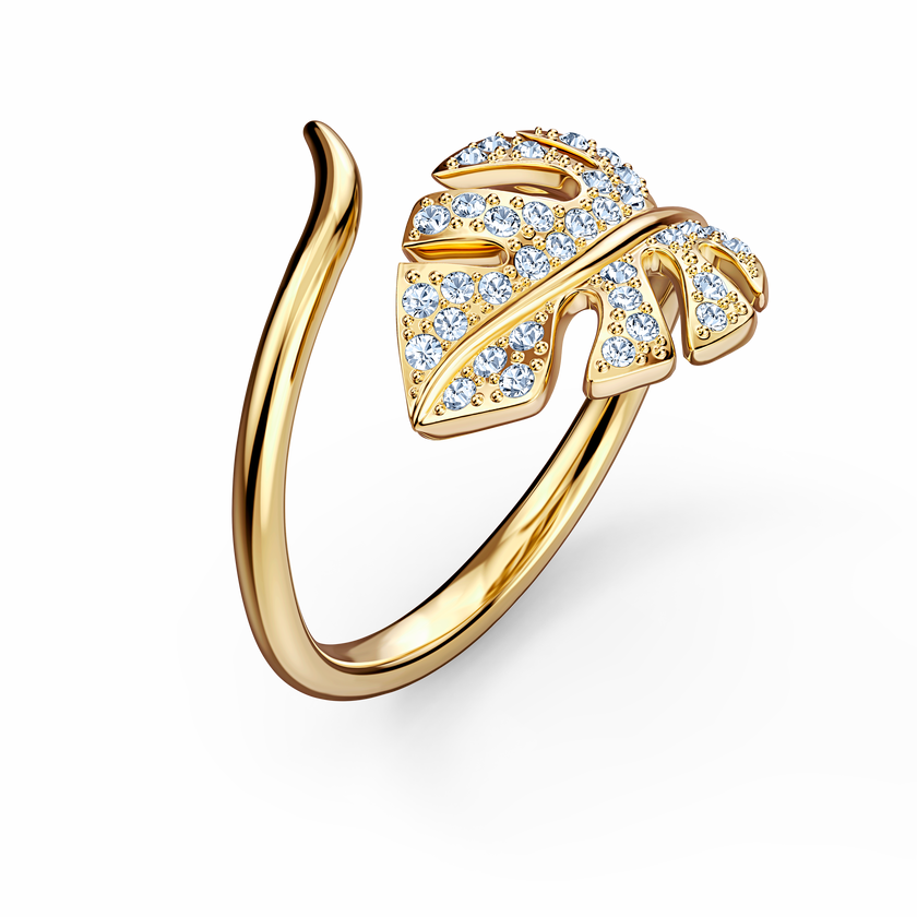 swarovski tropical leaf open ring  white  gold tone plated