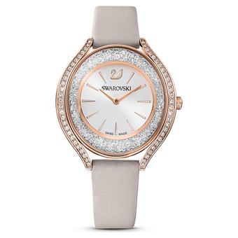 swarovski crystalline aura watch leather strap gray rose gold tone pvd