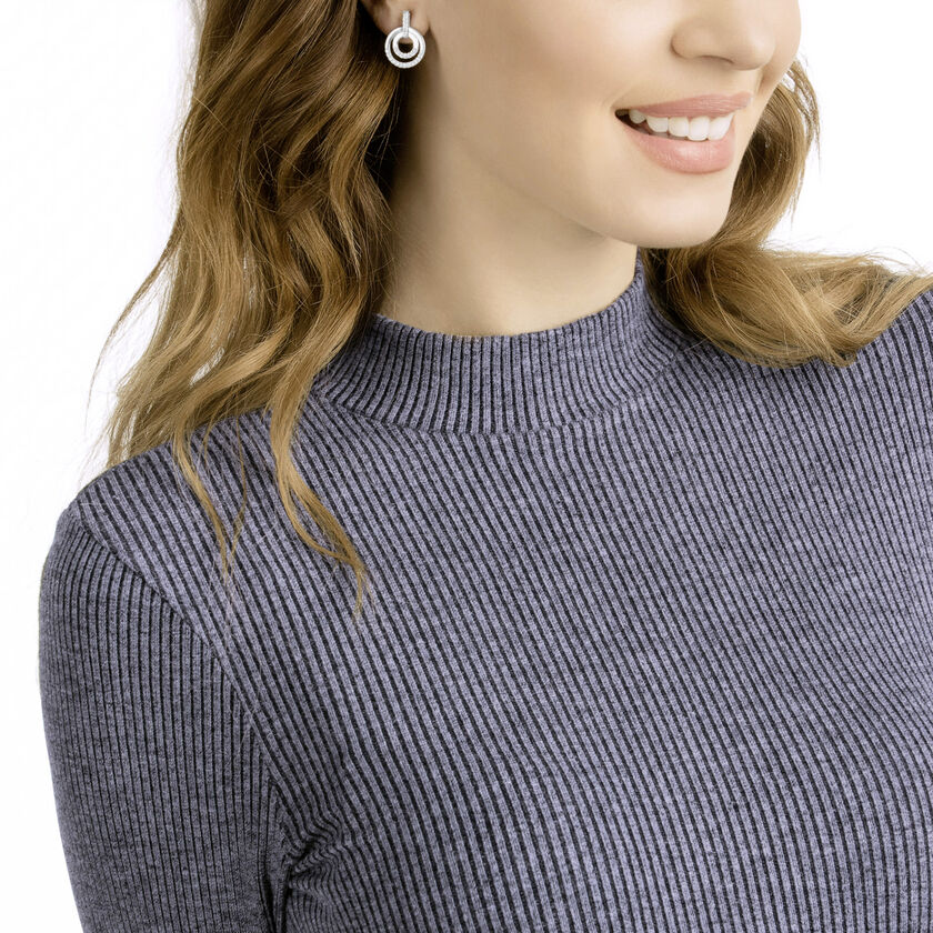 Circle Pierced Earrings, Medium, White, Rhodium Plated