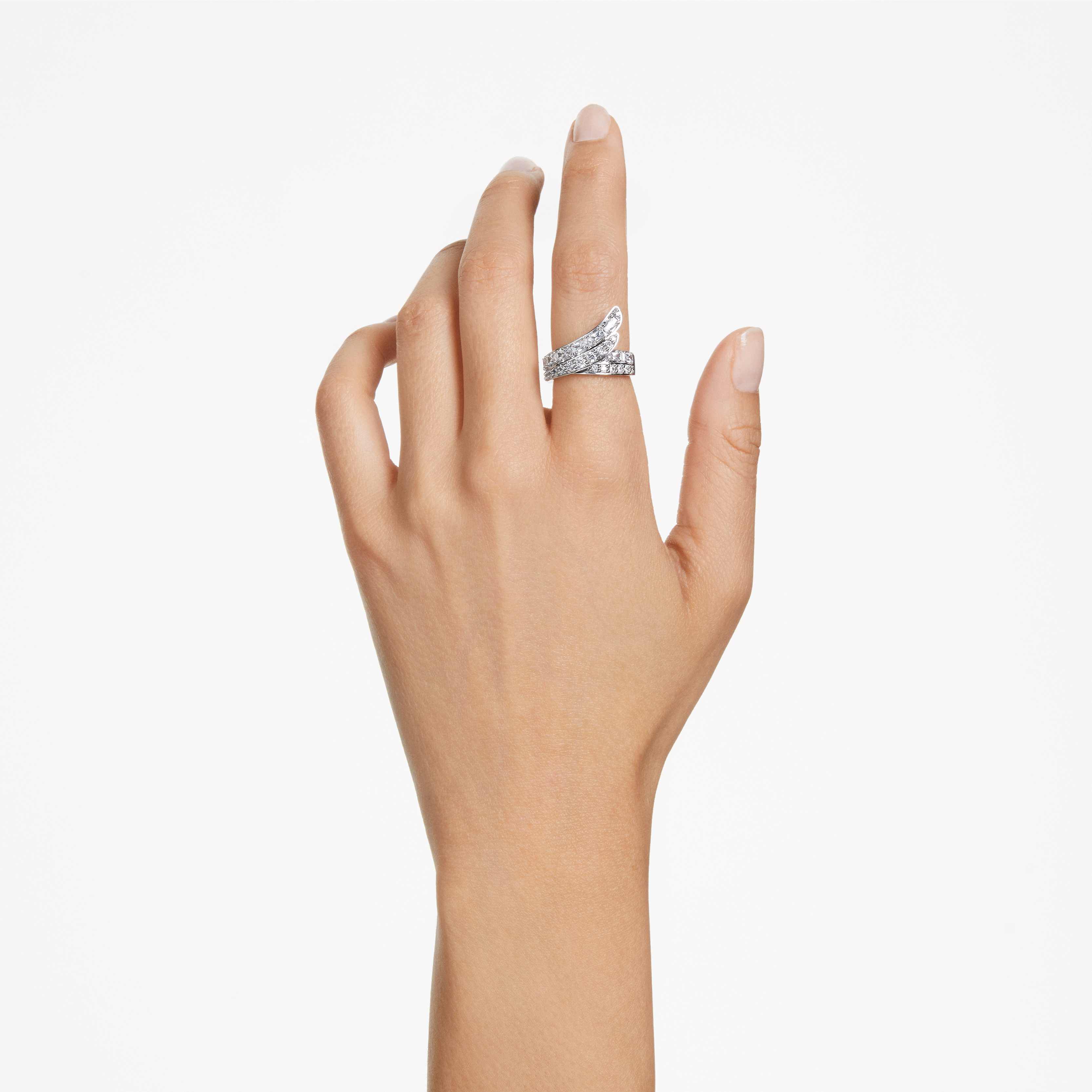 swarovski hyperbola cocktail ring  carbon neutral zirconia  mixed cuts  double bands  white  rhodium plated