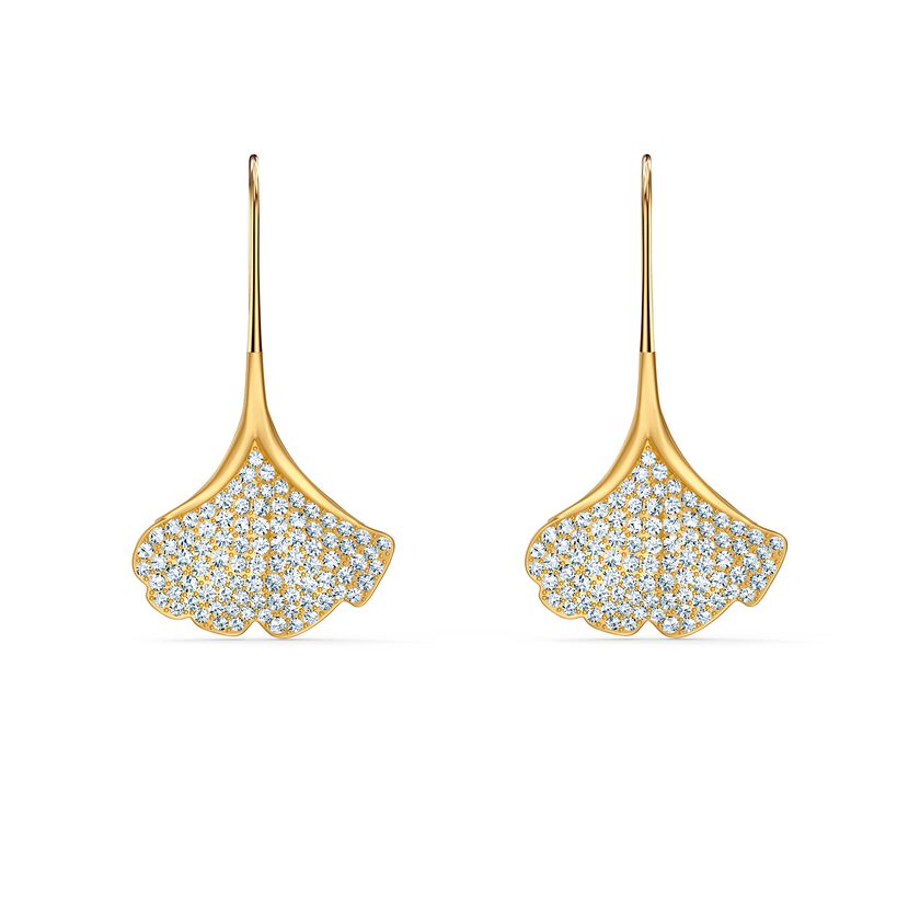 Stunning Ginko Pierced Earrings, White, Gold-tone plated