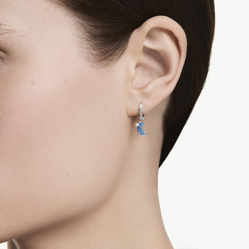 swarovski symbolica drop earrings  round cut  moon  blue  rhodium plated