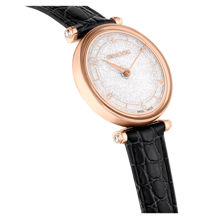 swarovski crystalline wonder watch  swiss made  leather strap  black  rose gold tone finish